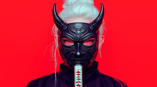 Portrait of a Japanese female samurai with blondi long hair, with katana, in demon mask on red background, digital artwork illustration, painting dark fantasy, wallpapers
