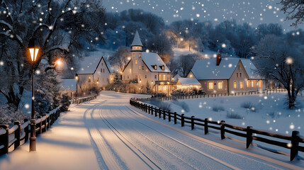 Fototapeta premium A detailed winter background wallpaper of a picturesque snow-covered town drawn in a charming cartoon style. The scene captures a peaceful night, with warm light spilling from wind