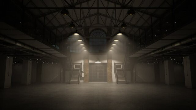Camera Tracks Back Along The Lights Gradually Turning On In The Loft Hall Large Dusty Twofloor Empty Warehouse With Big Arched Windows Metal Stairs And Big Industrial Lamps Switching