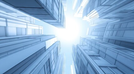 Obraz premium An upward view of tall buildings reaching toward a bright sky, their sleek forms converging into a vanishing point against the blue horizon.
