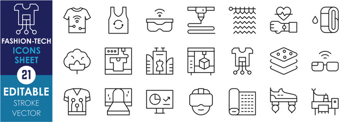 A set of line icons related to Fashion Technology. Wearable technology, smart fabrics, 3d printing, sustainable fashion, Customizable, and so on. Vector editable stroke.