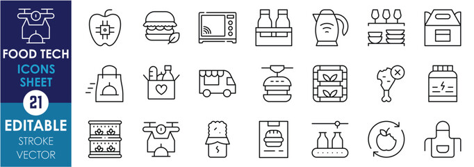 A set of line icons related to Food Technology.  Sustainable farming, digital, smart kitchen, vertical farming, food delivery, and so on. Vector editable stroke.