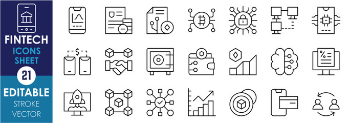 A set of line icons related to Fintech. Graph, crypto, digital, wallet, safe, peer-to-peer, AI, blockchain, and so on. Vector editable stroke.