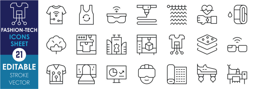 A set of line icons related to Fashion Technology. Wearable technology, smart fabrics, 3d printing, sustainable fashion, Customizable, and so on. Vector editable stroke.