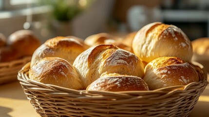 Freshly baked artisan bread rolls in a wicker basket with sunlight streaming in a cozy kitchen, showcasing homemade rustic baking