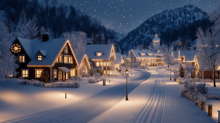 Fototapeta premium A cozy winter background featuring a cartoon-style town, covered in a blanket of snow under the dark night sky. The houses are lit up with holiday decorations, and the street lamps