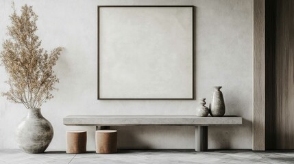 Minimalist interior design with a large frame mockup placed above a sleek console table, surrounded by decorative vases