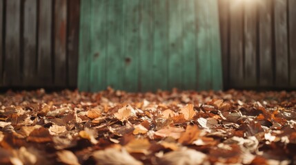 The image shows a pile of fallen autumn leaves placed in front of a rustic wooden barn, with the warm sunlight casting a gentle glow, evoking nostalgia and tranquility.