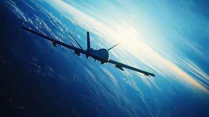 Fototapeta premium Guardian of the Skies: A military drone soars above the Earth, its silhouette stark against the vibrant blue canvas of the atmosphere.