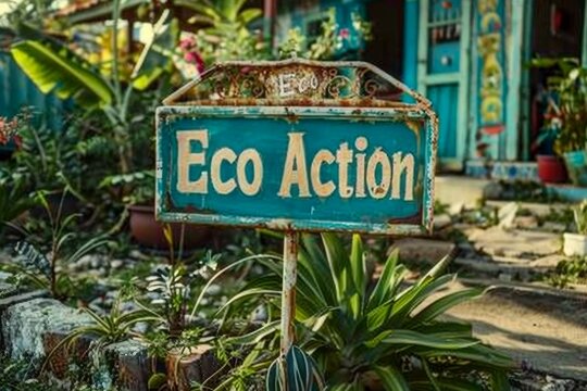 A charming sign saying "Eco Action" in whimsical script font, located at an environmental advocacy group, promoting pollution reduction efforts -
