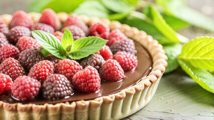 A beautifully presented chocolate tart topped with fresh raspberries and garnished with mint leaves, ideal for dessert, pastry, or fruit-based content...