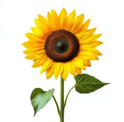 A single yellow sunflower with dark brown center and green leaves on white background.