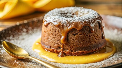 A decadent molten chocolate lava cake drizzled with caramel sauce and dusted with powdered sugar. Perfect for dessert, indulgence, and celebration-themed content...