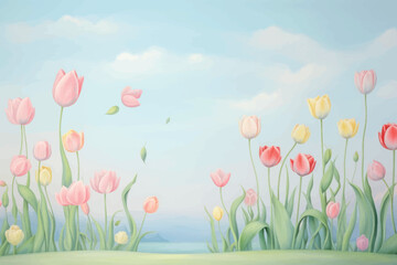 Pastel tulips in serene landscape