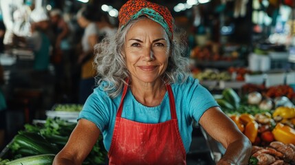 Obraz premium A cheerful market vendor smiles brightly in front of her colorful array of fresh vegetables, exuding positivity and warmth in a bustling market setting.