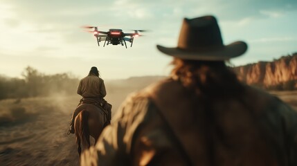 A lone cowboy rides into the vast, open desert, shadowed by a flying drone, reflecting the blend of historical and technological narratives in a stark juxtaposition.