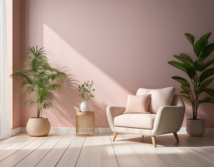 a serene living room with a pastel pink wall white wooden floor and a soft cream armchair plant in the corner adds life to the space sunlight from an open window casts gentle shadows on the wall