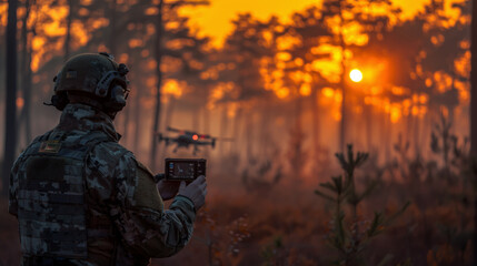 Soldier in camouflage uniform and helmet, using remote control to control small unmanned aerial vehicle, is located at edge of forest, at dawn, military training, technology concept.