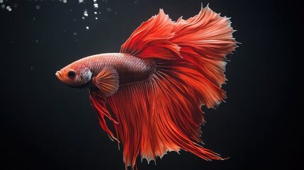 A dramatic close-up of a half-moon Siamese betta fish with rich red fins, its smooth movements creating fluid lines against a black background.