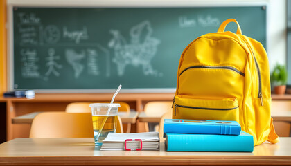 Yellow backpack with copybooks and drinks on desk in classroom isolated with white highlights, png