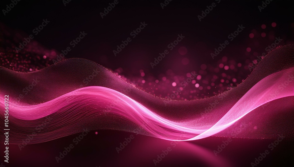 Sticker abstract pink wave with glowing particles on black background pink wavy shape with bokeh lights and 