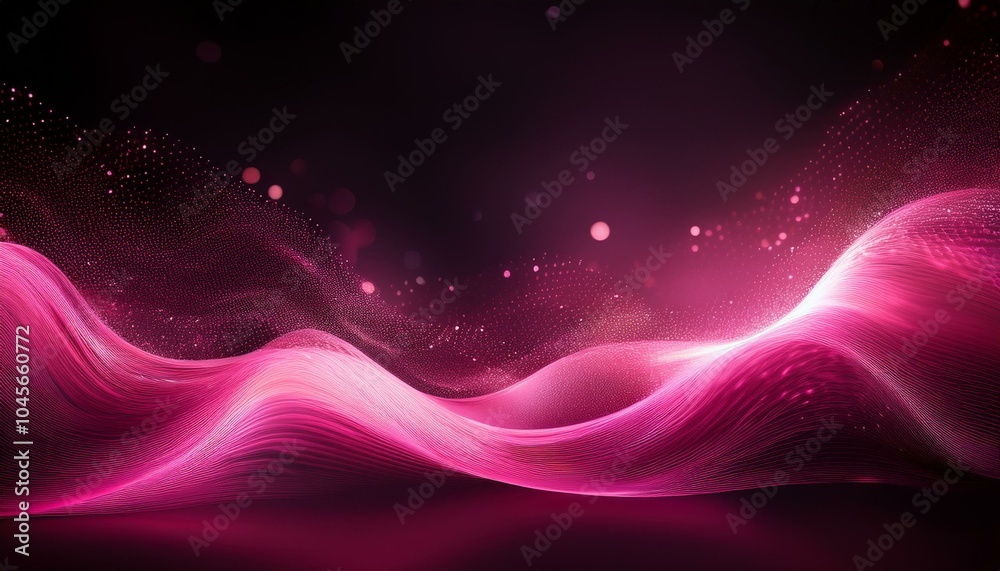 Sticker abstract pink wave with glowing particles on black background pink wavy shape with bokeh lights and 