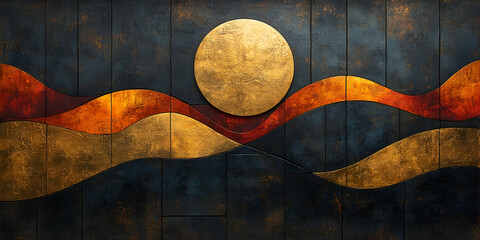 A vibrant abstract artwork featuring a gold sun above undulating waves in shades of red, orange, and dark blue.