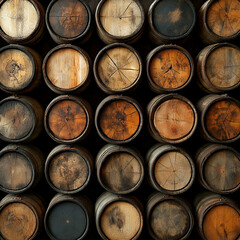 A close-up of neatly arranged wooden barrels, showcasing their rich textures and varying shades of brown, highlighting craftsmanship and natural aging.