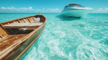 A rustic wooden boat floats alongside a sleek yacht on crystal-clear turquoise water, under a...