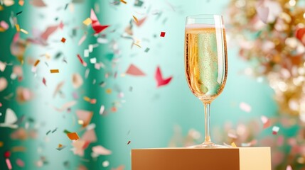 A sleek champagne glass stands elegantly, filled with bubbly golden liquid, surrounded by a burst of multicolored confetti, celebrating life’s joyful occasions.