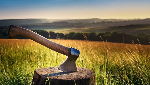 antique axe resting on a wooden chopping block in a grassy field