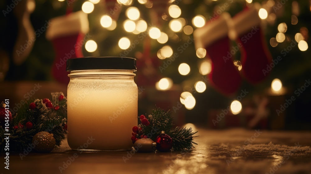 Poster a jar candle sits on a wooden surface with a blurred christmas tree in the background. the candle is