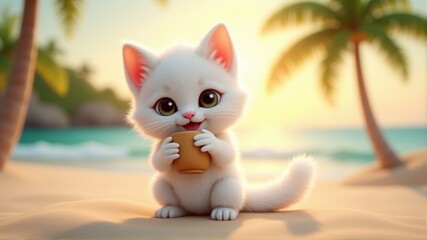 Fototapeta premium A cute white kitten holding a mug sits on a sunlit tropical beach, surrounded by palm trees and a clear blue sea.