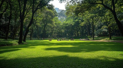 Obraz premium A lush green park with tall trees and a wide, grassy area with people relaxing in the shade.