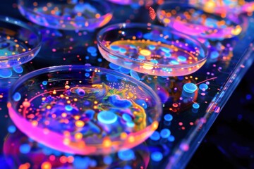 A close-up of genetically engineered bacteria expressing fluorescent proteins, showcasing bright, multicolored colonies on an agar plate.