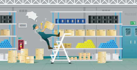 A worker lifting boxes of goods is falling down a ladder in a warehouse.
