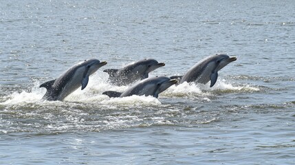 Fototapeta premium A pod of dolphins joyfully leaping out of the ocean, their smooth bodies arcing gracefully above the sparkling blue water in the bright afternoon sun.
