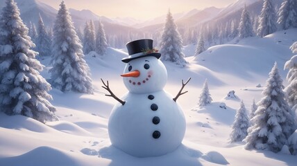 Obraz premium Festive snowman in winter landscape, joyful expression, snowy background, holiday spirit, copy space