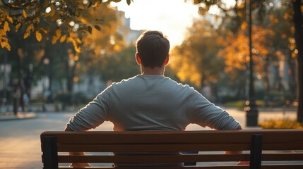 Man with back pain sitting on bench at the outdoor. People, health care and medicine concept