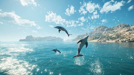 A pod of dolphins joyfully leaping out of the ocean, water droplets sparkling in the air as they soar above the turquoise waves on a sunny day.