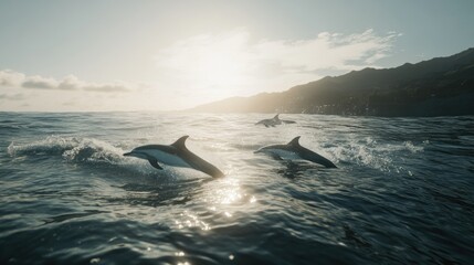 Fototapeta premium A pod of dolphins joyfully leaping out of the ocean waves, their sleek forms silhouetted against the bright sunlight and sparkling water.