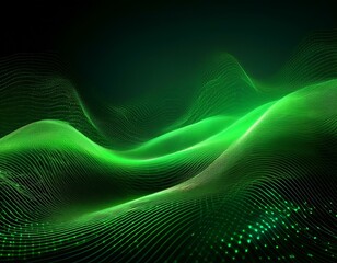 green gradient background with abstract digital waves dots and lines in motion on a black backdrop a green glowing futuristic landscape with flowing wavy patterns a digital technology concept