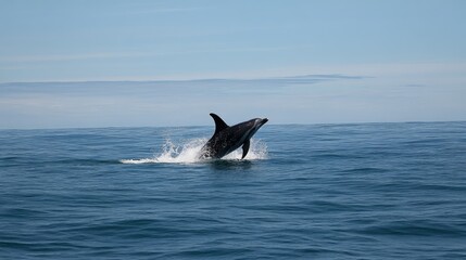 Naklejka premium A pod of dolphins performing playful acrobatics, leaping high out of the ocean with the vibrant blue sky and sparkling waves enhancing their joyful display.