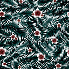 Seamless pattern with tropical flowers and palm leaves on a black background