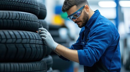 Mechanic inspecting tire quality in a workshop, wearing safety goggles and gloves, showcasing dedication to vehicle maintenance.
