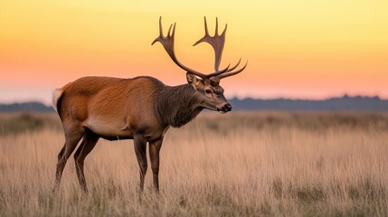 Obraz premium Majestic deer standing in a golden field at sunset, showcasing its impressive antlers and natural beauty.