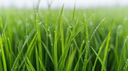 Lush green grass with droplets of dew, capturing the essence of freshness and nature in the morning light.