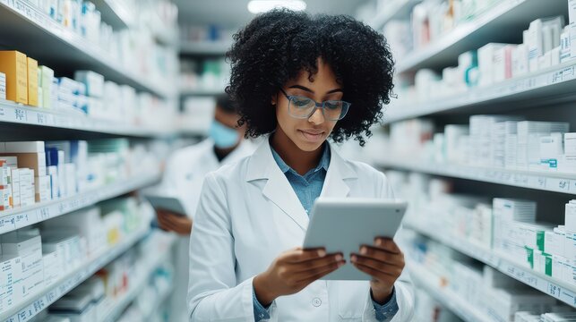 Pharmacist in white coat using tablet for inventory management in modern pharmacy aisle filled with medicine and health products.