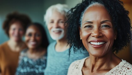Happy Senior African American Woman With Multiracial Friends In Background: Nursing Home Unaltered Friendship And Support In Assisted Living And Retirement Setting.