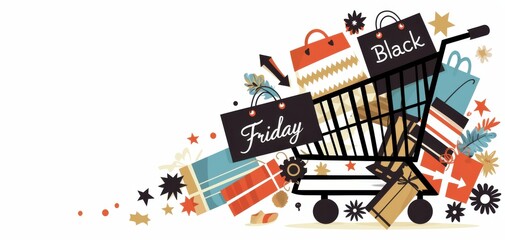 Black Friday Shopping Cart Overflowing with Gifts and Bags in a Flat Design